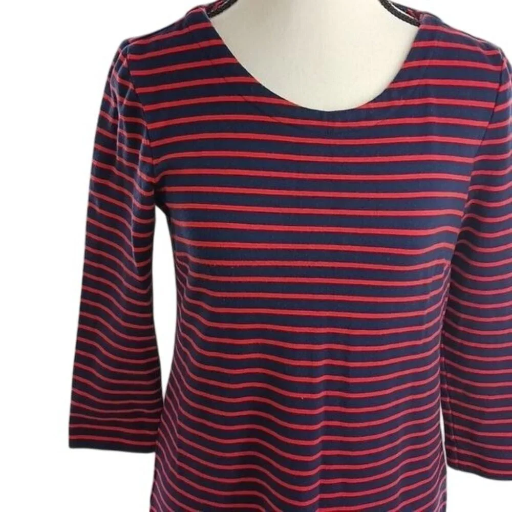 J Crew Womens Size XS Dress Red Navy Striped 3/4 Sleeve Casual Shift Cotton